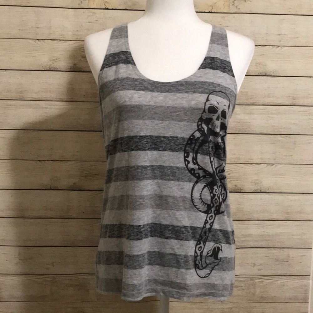 Women’s Gray Striped Skull & Serpent Tank Top